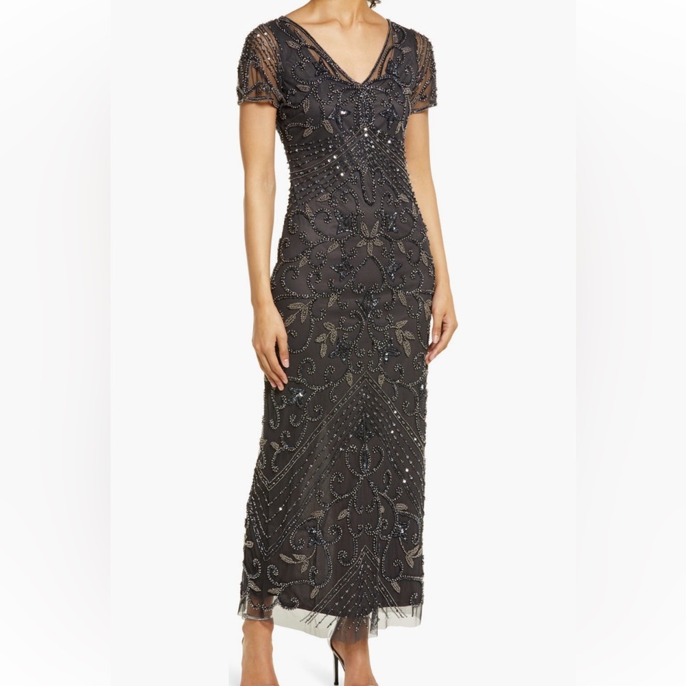 Pisarro Nights Beaded Mesh Column Gown dark navy